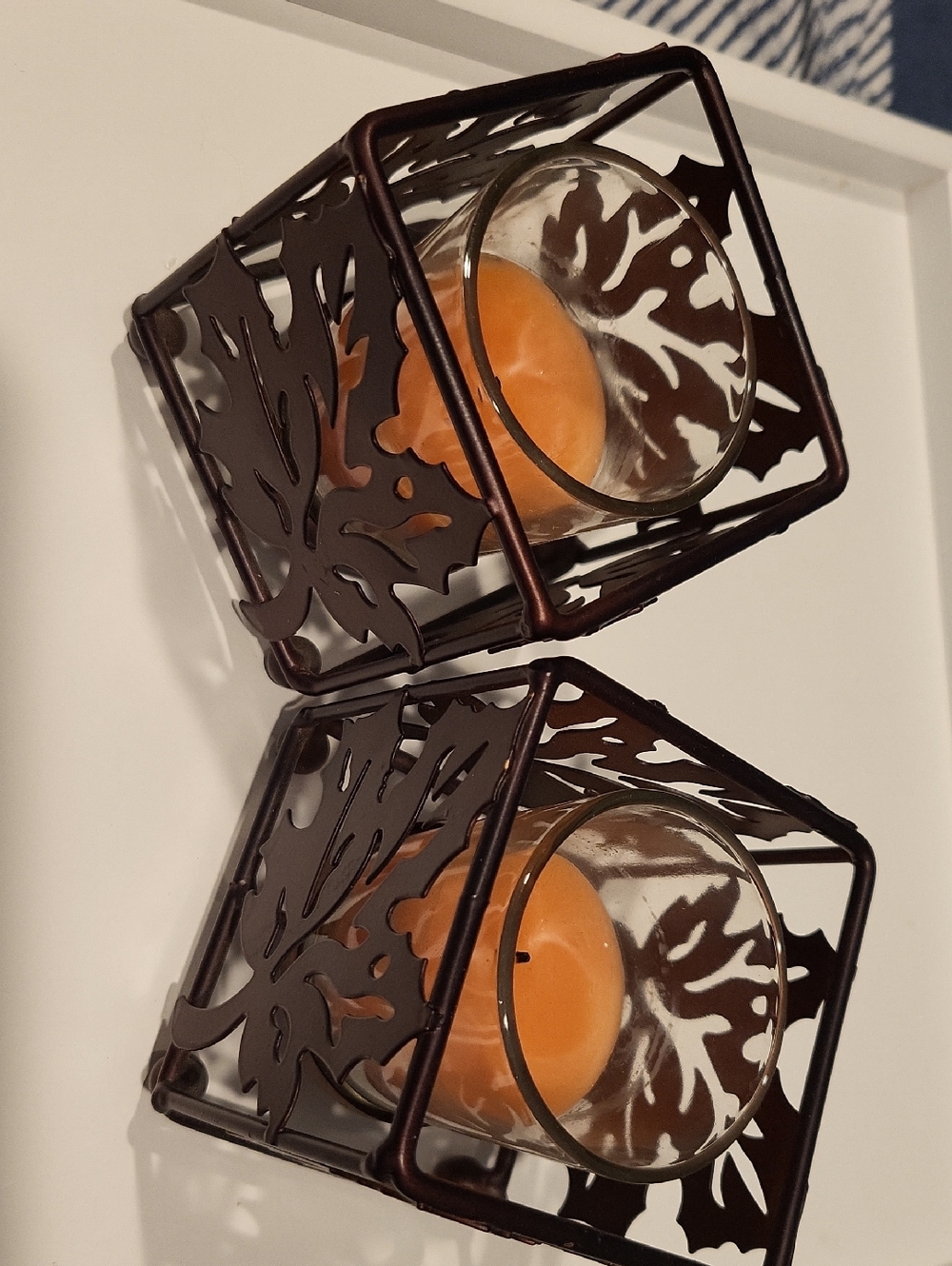 Brown Leaf Metal Votive Holders with Orange Candles